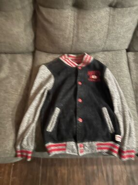 Roots Kids Black & Gray Varsity Jacket with Red Accents